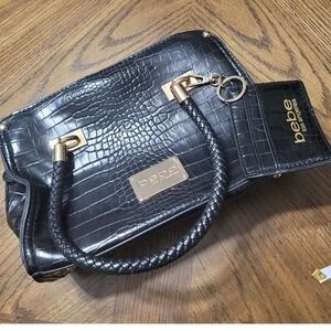 Bebe Bella Los Angeles Black‎ faux Croc Embossed Satchel Handbag Gold Hardware